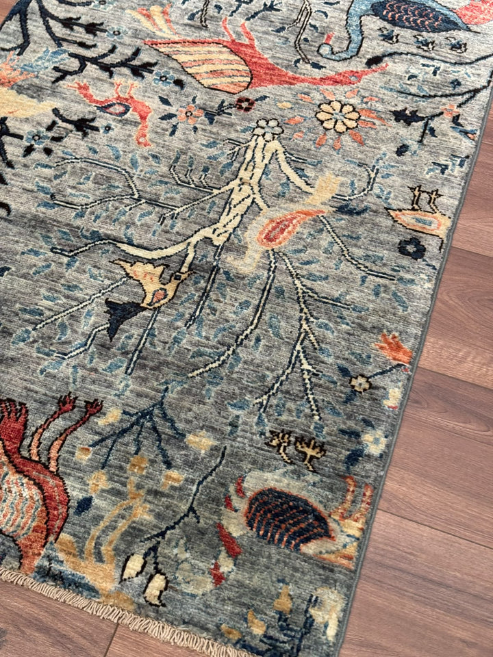 Kuş Orijinal El Dokuması Uzun Yolluk Yeşil Kök Boya Yün Halı 0.75x623 4.67 Metrekare - 3x20 ft