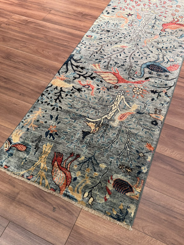 Kuş Orijinal El Dokuması Uzun Yolluk Yeşil Kök Boya Yün Halı 0.75x623 4.67 Metrekare - 3x20 ft