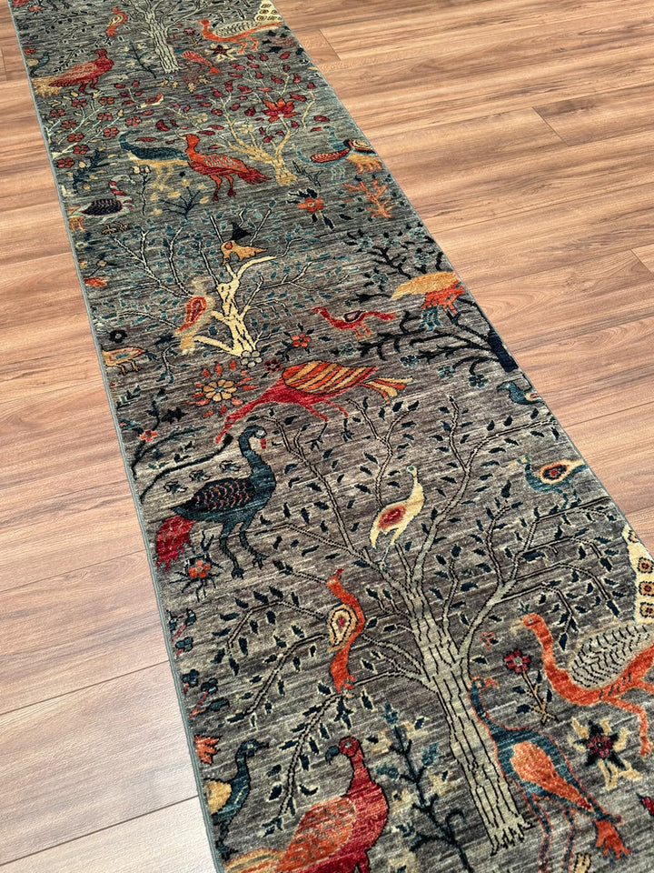 Kuş Orijinal El Dokuması Uzun Yolluk Yeşil Kök Boya Yün Halı 0.75x623 4.67 Metrekare - 3x20 ft