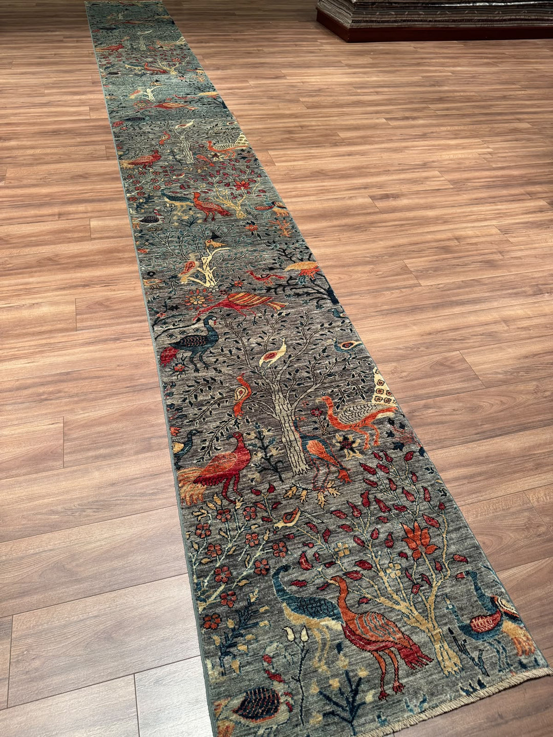 Kuş Orijinal El Dokuması Uzun Yolluk Yeşil Kök Boya Yün Halı 0.75x623 4.67 Metrekare - 3x20 ft