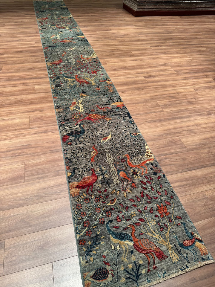 Kuş Orijinal El Dokuması Uzun Yolluk Yeşil Kök Boya Yün Halı 0.75x623 4.67 Metrekare - 3x20 ft