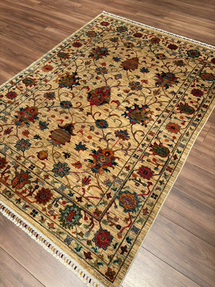 Sultani Binbirgece Orijinal El Dokuması Bej Kök Boya Yün Halı 151x205 3.10 Metrekare - 5x6 ft