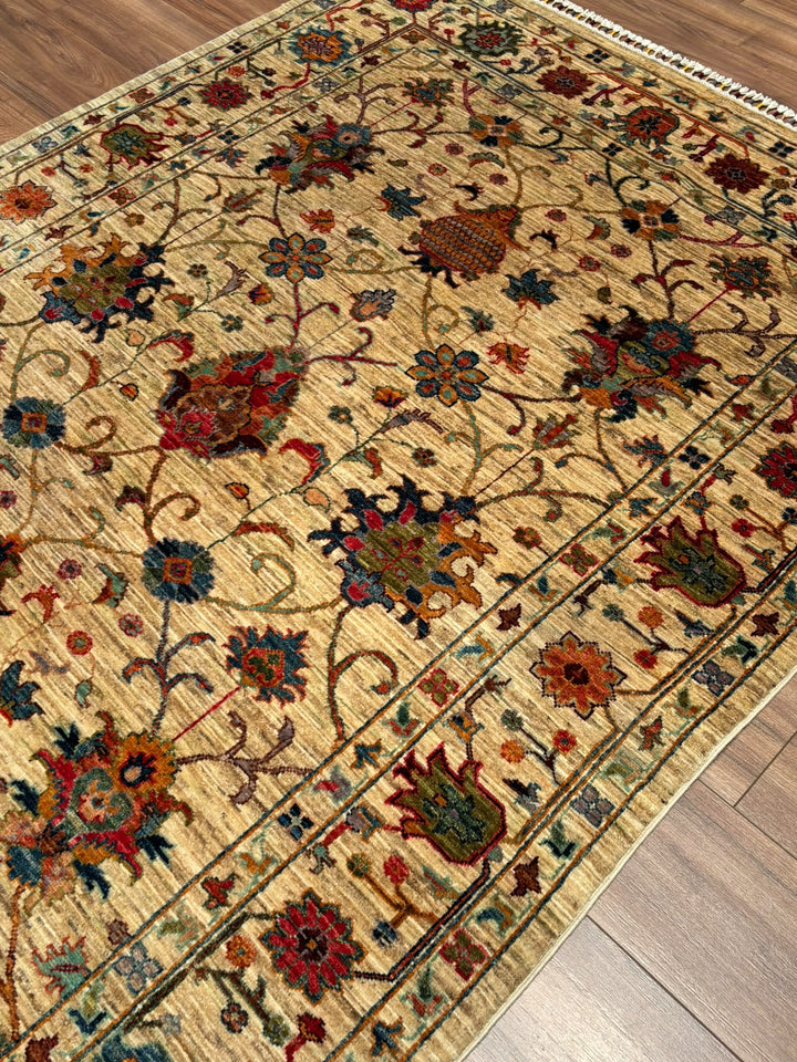 Sultani Binbirgece Orijinal El Dokuması Bej Kök Boya Yün Halı 151x205 3.10 Metrekare - 5x6 ft