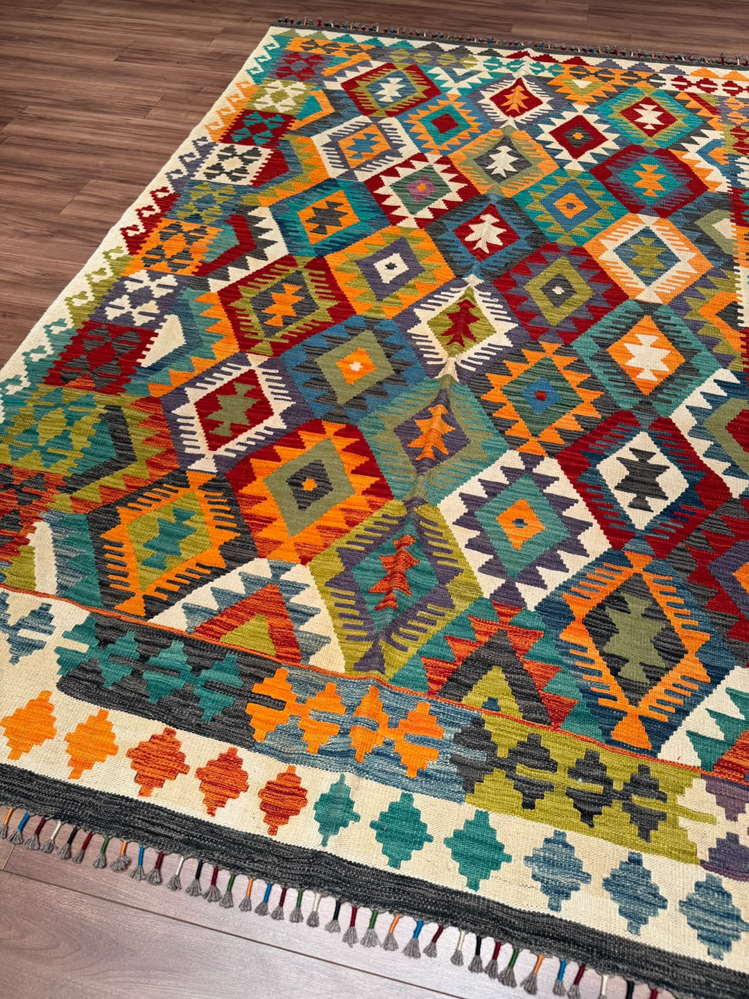 El Dokuma Orijinal Afgan Yün Kilim Multi 196x289 5.66 Metrekare - 7x10 ft