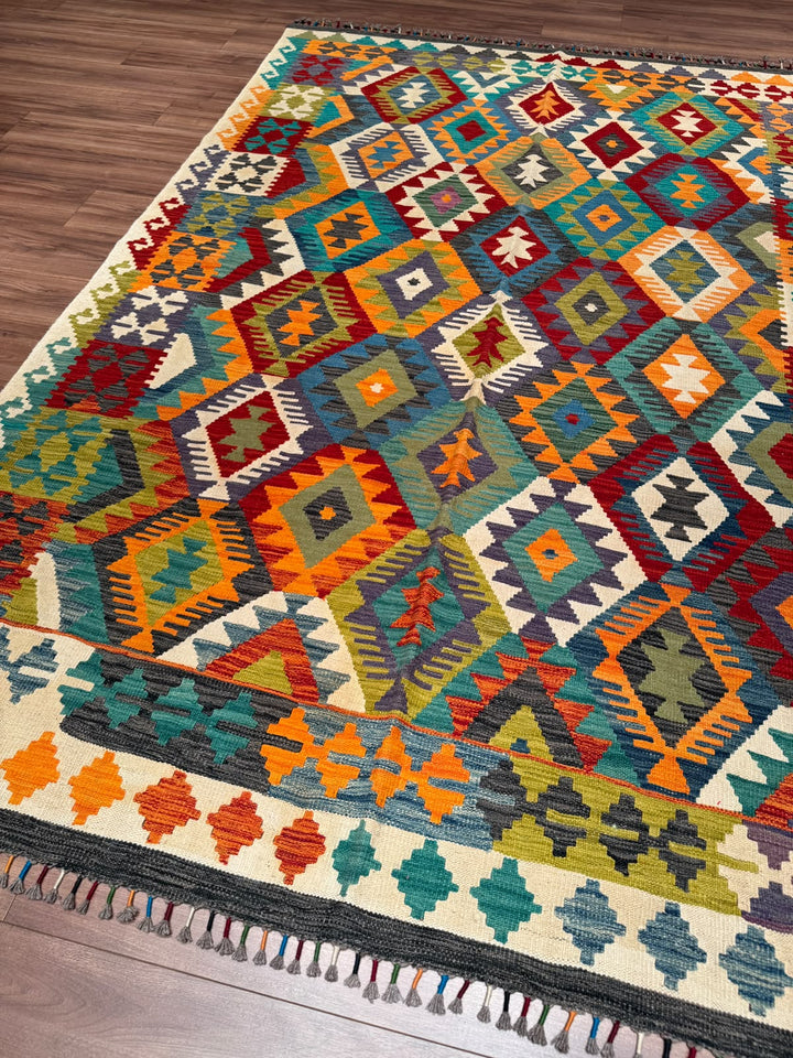 El Dokuma Orijinal Afgan Yün Kilim Multi 196x289 5.66 Metrekare - 7x10 ft