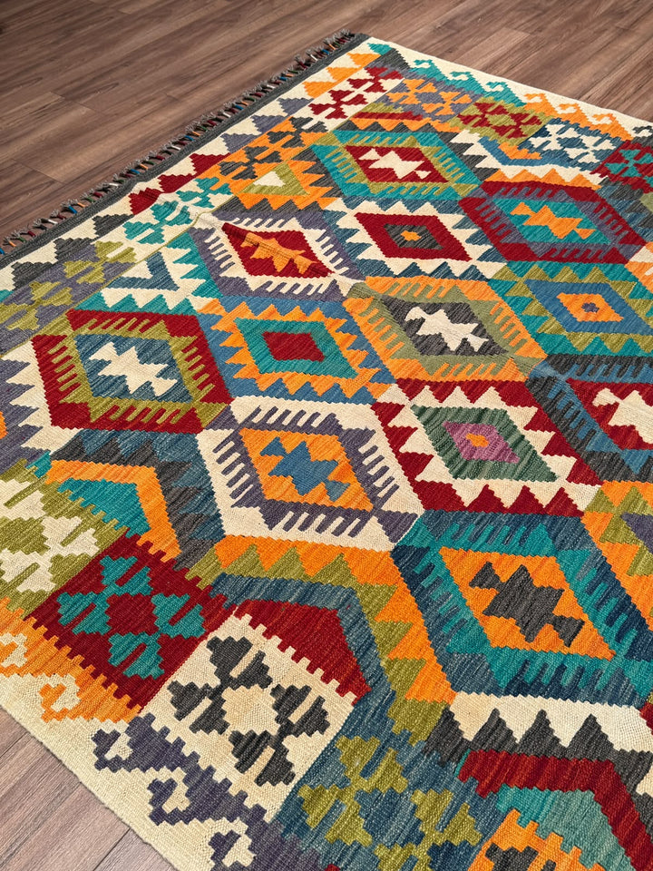 El Dokuma Orijinal Afgan Yün Kilim Multi 196x289 5.66 Metrekare - 7x10 ft