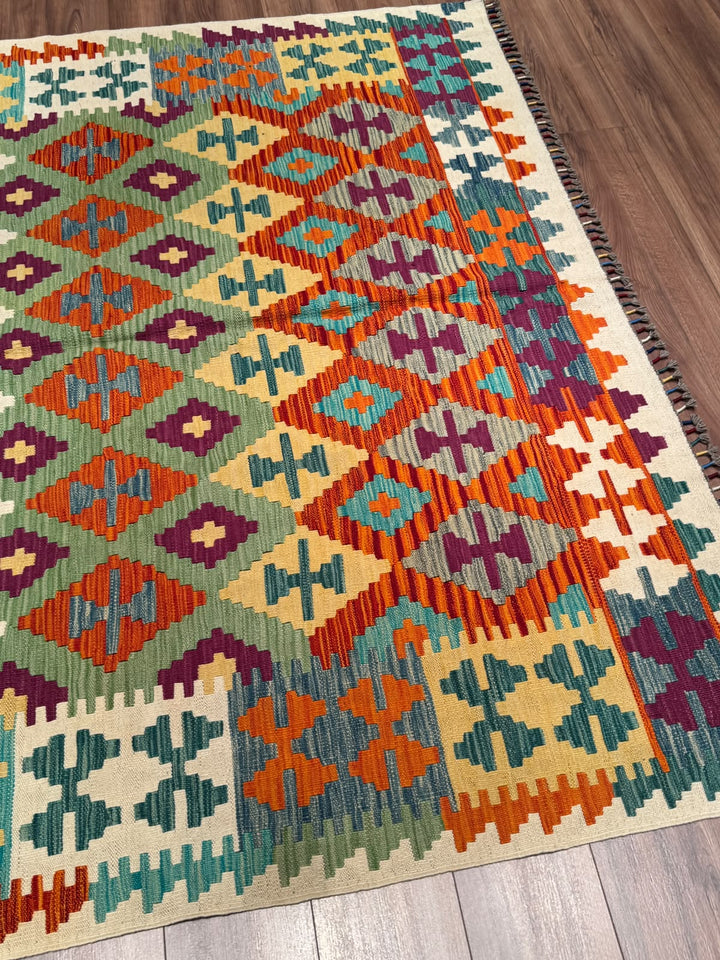 El Dokuma Orijinal Afgan Yün Kilim Multi 205x291 5.97 Metrekare - 7x10 ft