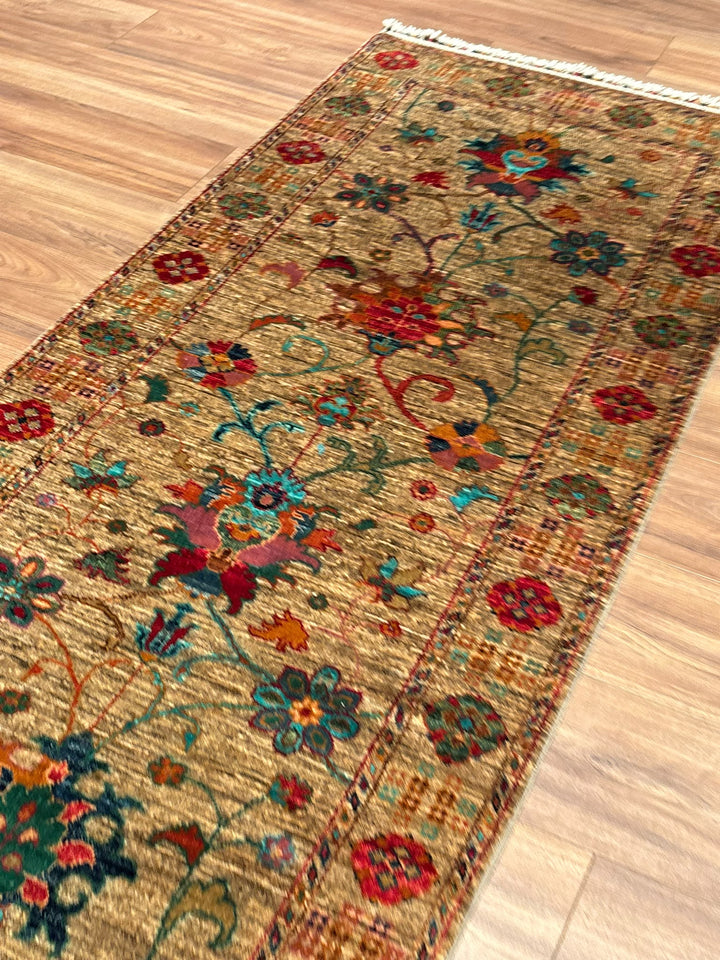 Sultani Binbirgece Yolluk Orijinal El Dokuması Bej Kök Boya Yün Halı 0.85x300 2.55 Metrekare - 3x10 ft