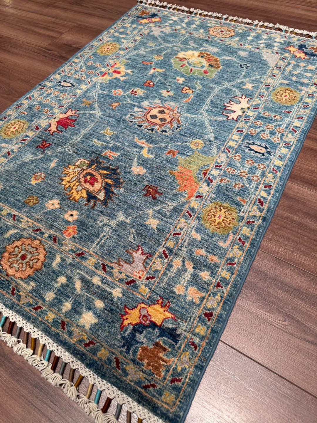 Sultani Çiçekli Orijinal El Dokuması Mavi Kök Boya Yün Halı 0.79x115 0.91 Metrekare - 3x4 ft