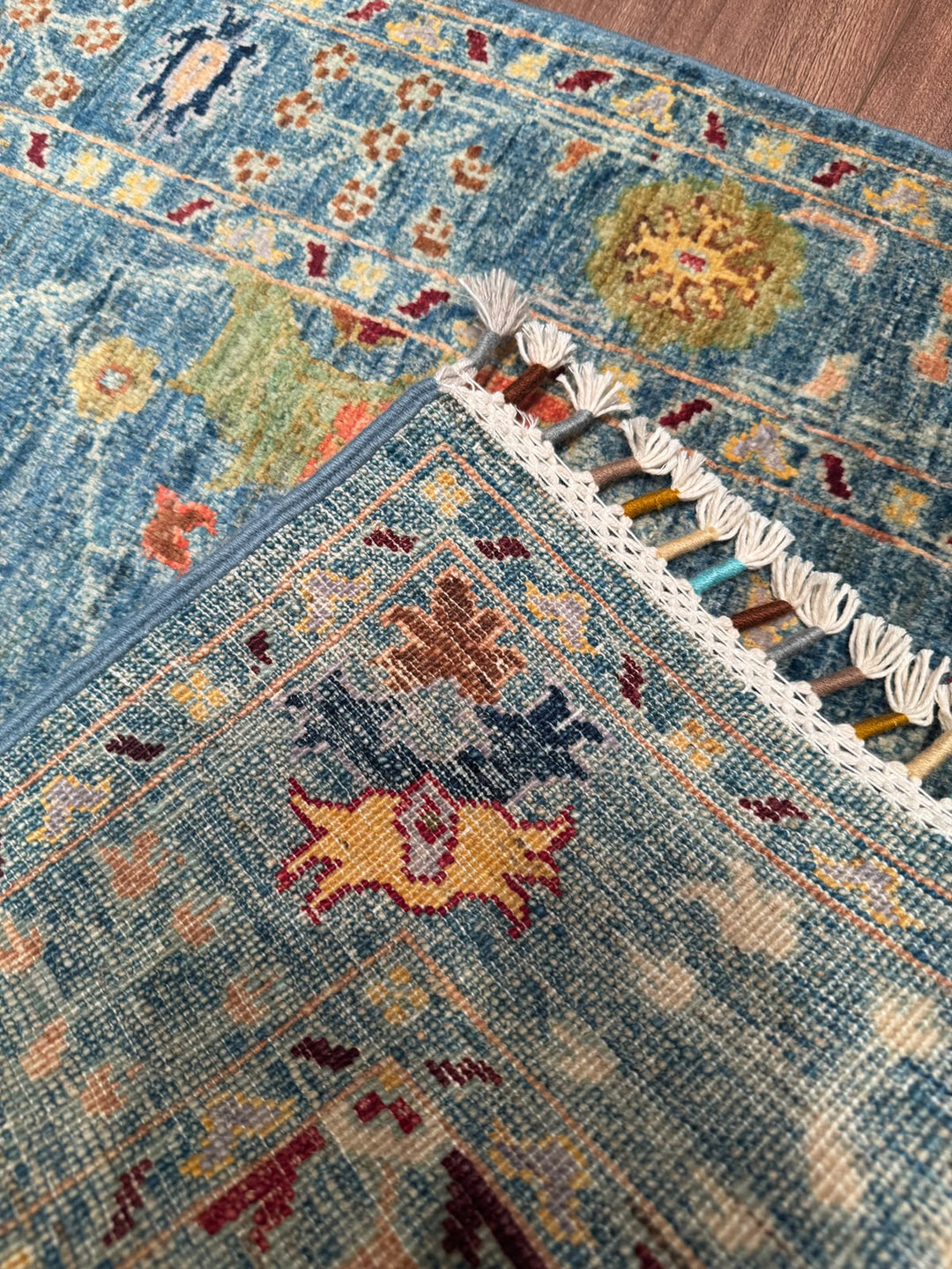 Sultani Çiçekli Orijinal El Dokuması Mavi Kök Boya Yün Halı 0.79x115 0.91 Metrekare - 3x4 ft