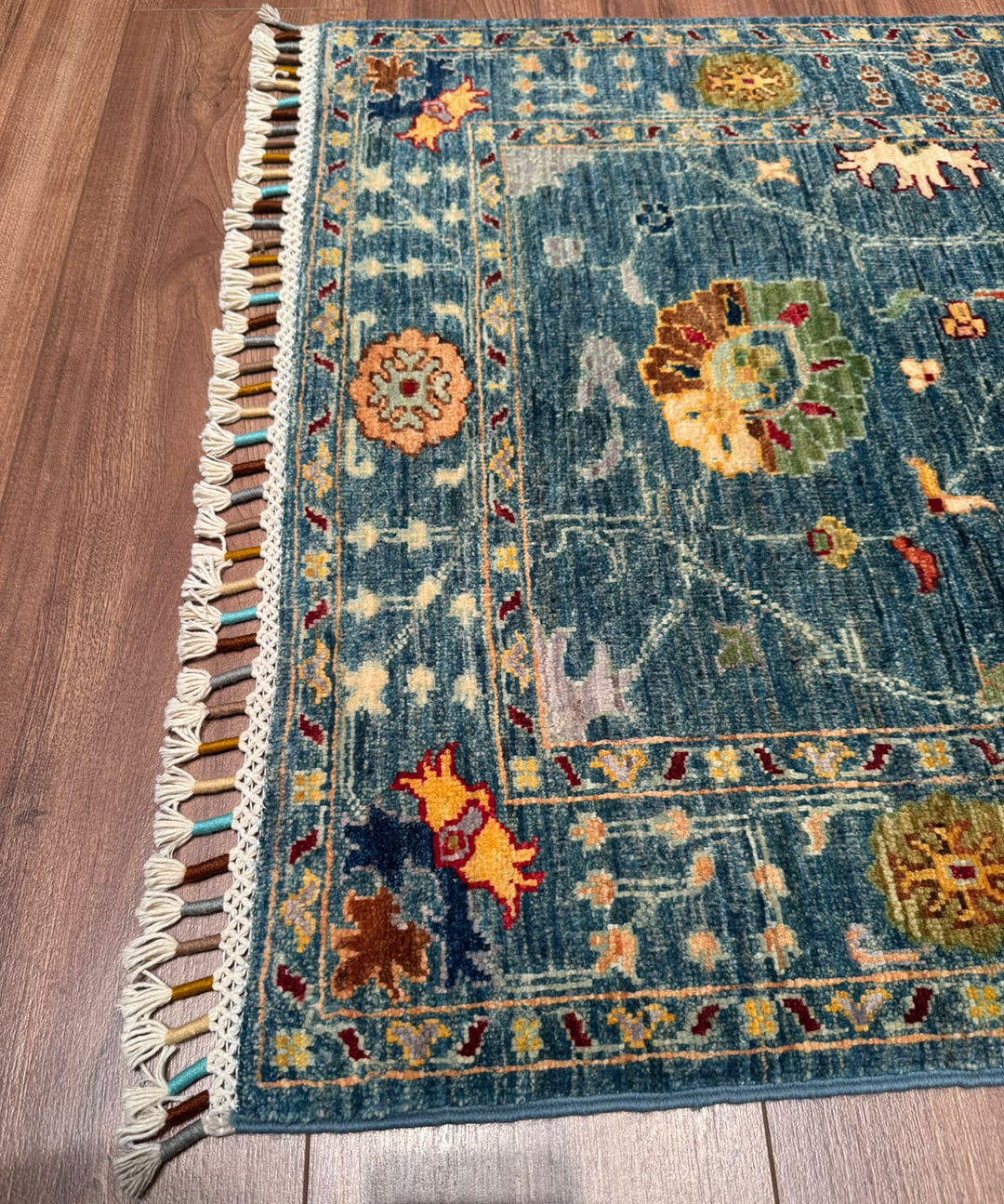 Sultani Çiçekli Orijinal El Dokuması Mavi Kök Boya Yün Halı 0.79x115 0.91 Metrekare - 3x4 ft