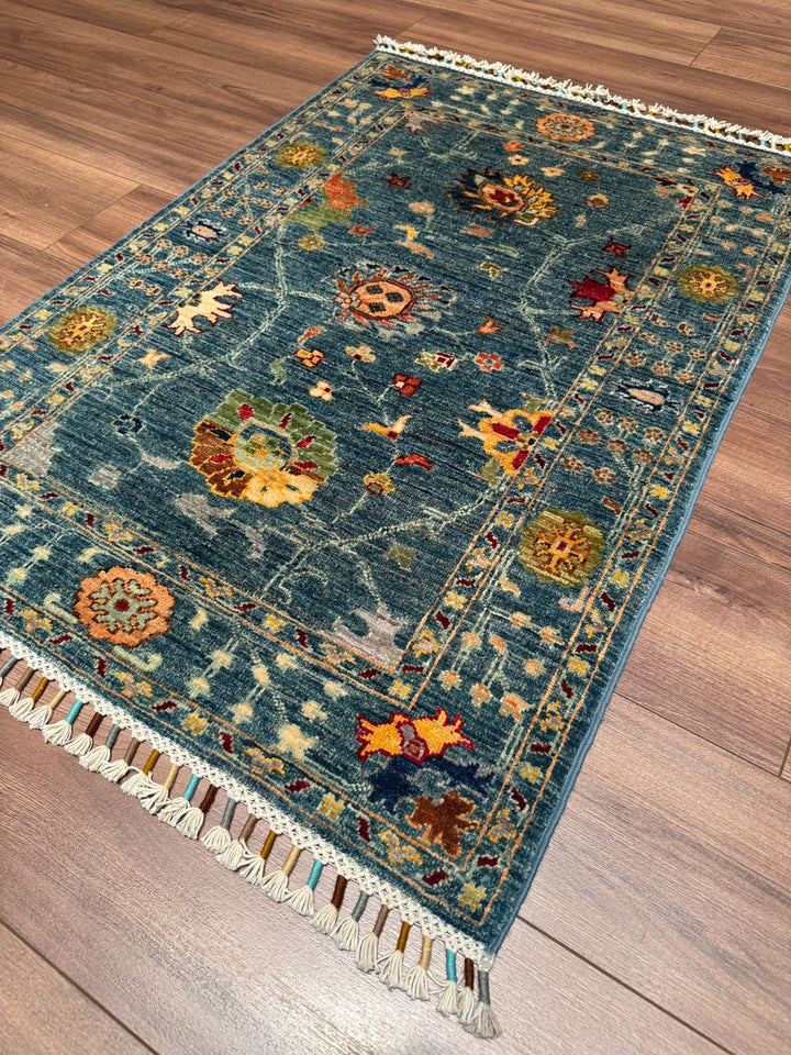 Sultani Çiçekli Orijinal El Dokuması Mavi Kök Boya Yün Halı 0.79x115 0.91 Metrekare - 3x4 ft