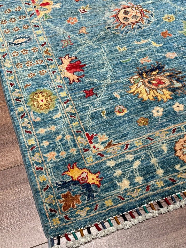 Sultani Çiçekli Orijinal El Dokuması Mavi Kök Boya Yün Halı 0.81x117 0.95 Metrekare - 3x4 ft