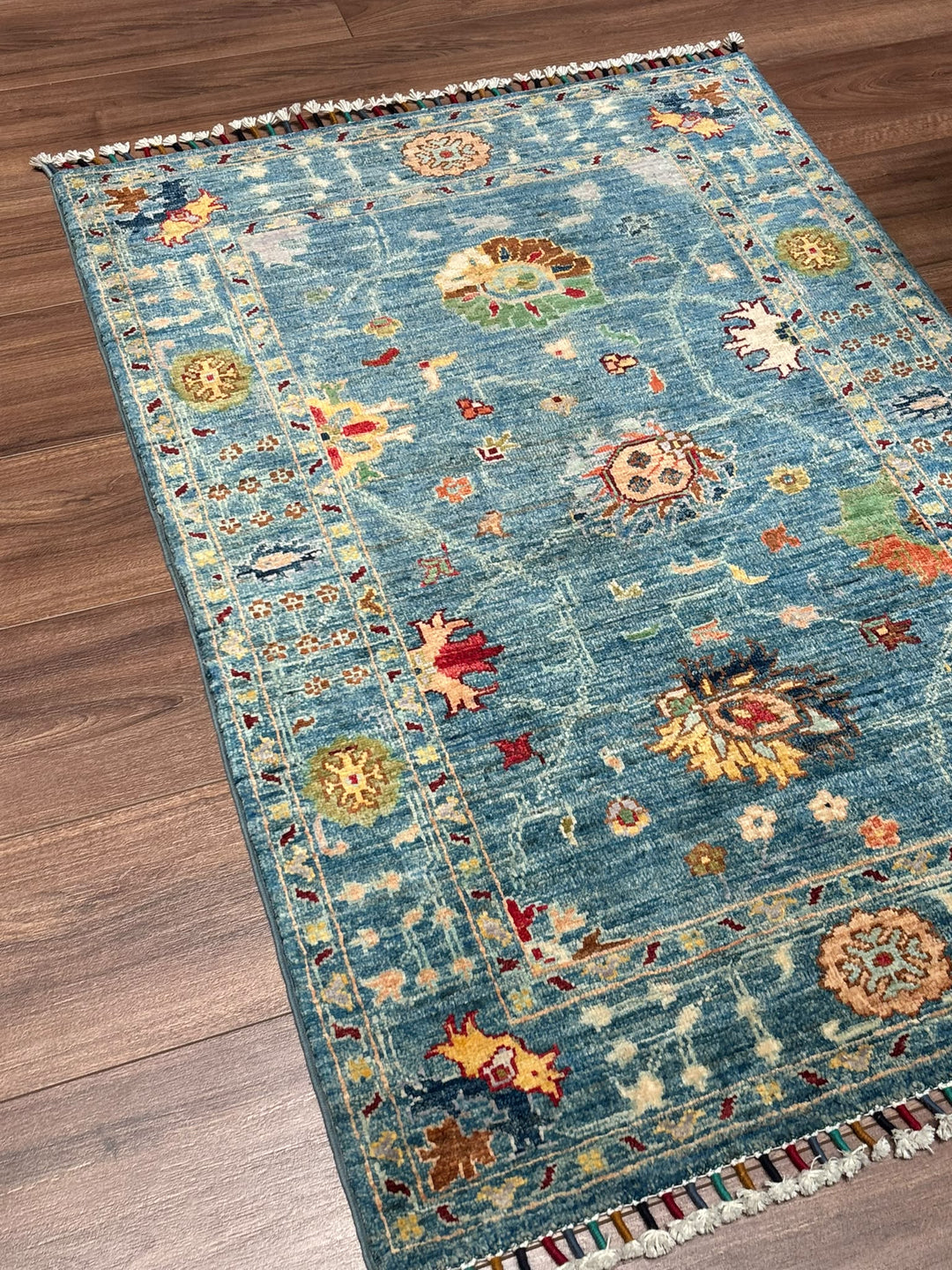 Sultani Çiçekli Orijinal El Dokuması Mavi Kök Boya Yün Halı 0.81x117 0.95 Metrekare - 3x4 ft