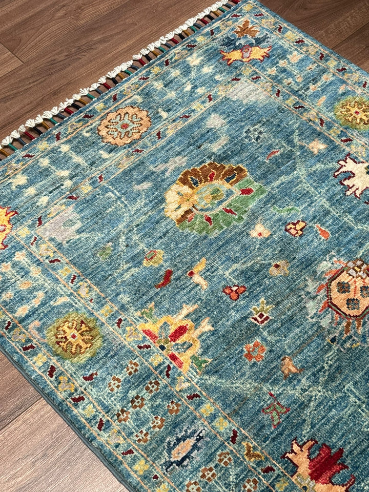 Sultani Çiçekli Orijinal El Dokuması Mavi Kök Boya Yün Halı 0.81x117 0.95 Metrekare - 3x4 ft