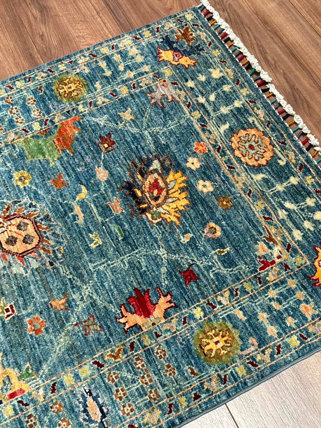 Sultani Çiçekli Orijinal El Dokuması Mavi Kök Boya Yün Halı 0.81x117 0.95 Metrekare - 3x4 ft