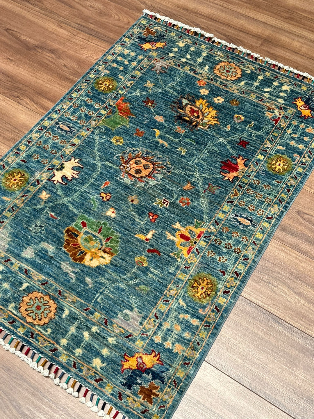 Sultani Çiçekli Orijinal El Dokuması Mavi Kök Boya Yün Halı 0.81x117 0.95 Metrekare - 3x4 ft