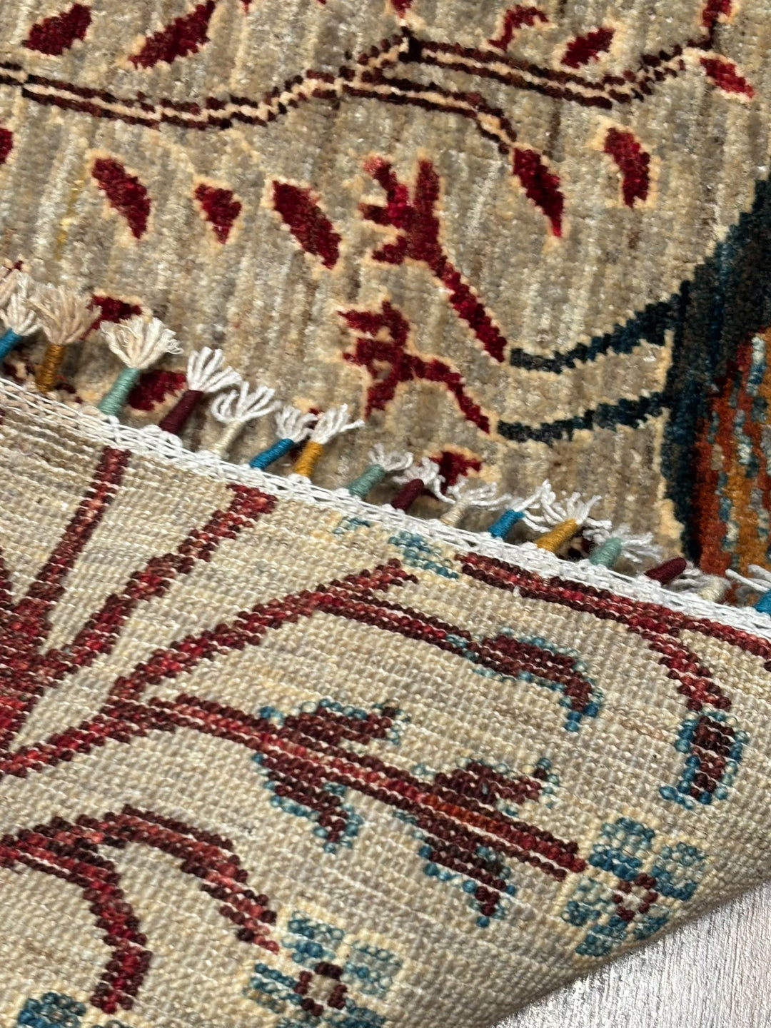 Kuş Orijinal El Dokuması Bej Kök Boya Yün Halı 0.98x147 1.44 Metrekare - 3x5 ft