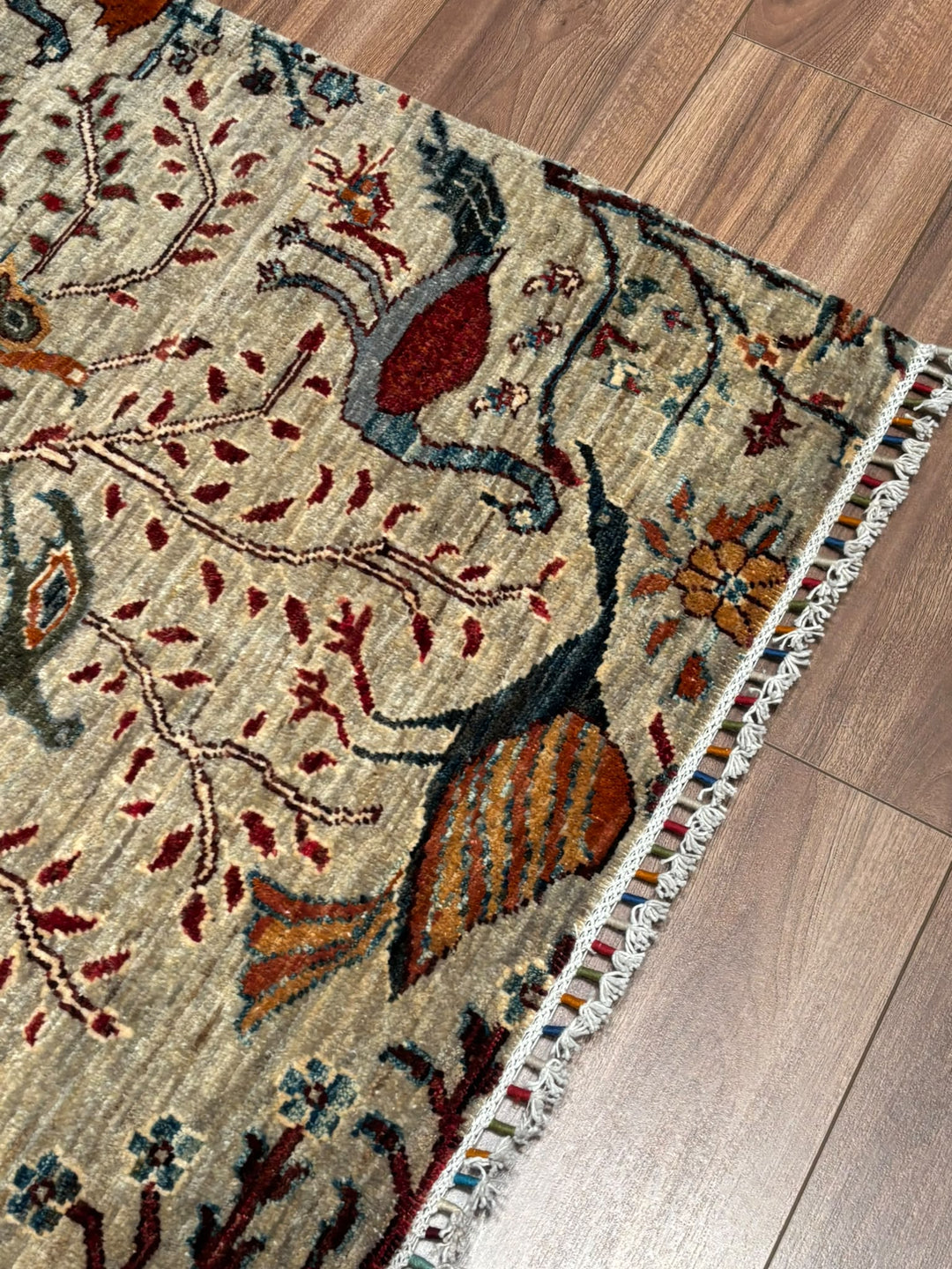 Kuş Orijinal El Dokuması Bej Kök Boya Yün Halı 0.98x147 1.44 Metrekare - 3x5 ft