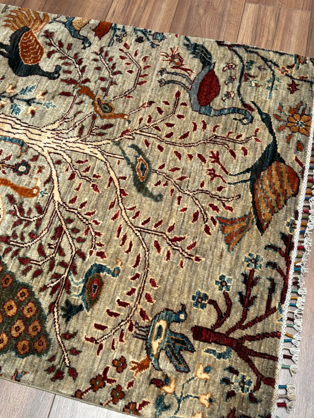 Kuş Orijinal El Dokuması Bej Kök Boya Yün Halı 0.98x147 1.44 Metrekare - 3x5 ft