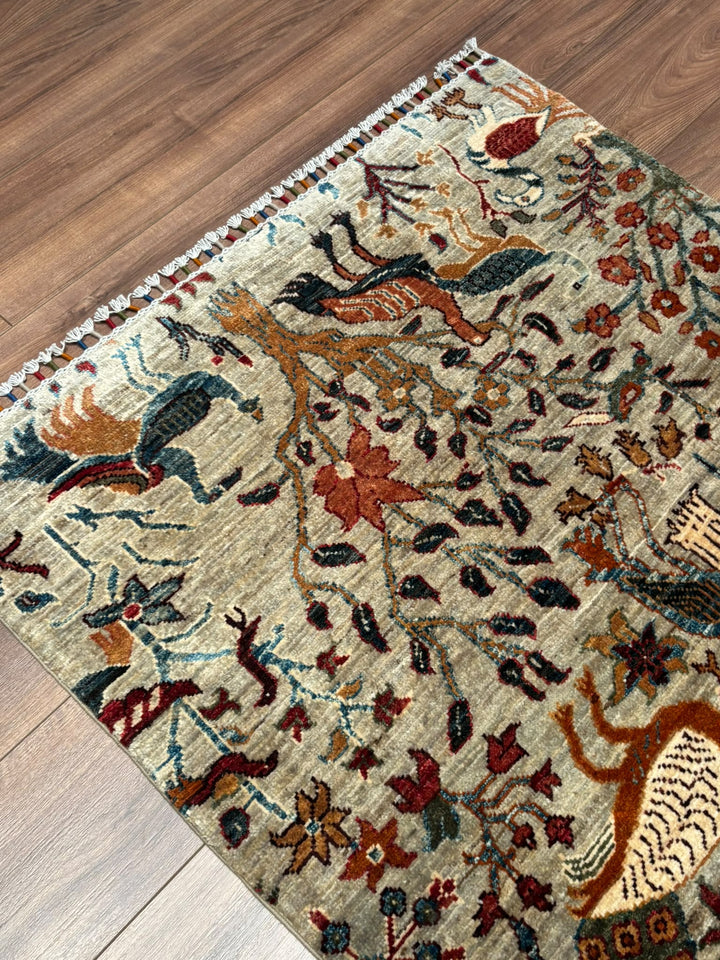 Kuş Orijinal El Dokuması Bej Kök Boya Yün Halı 0.98x147 1.44 Metrekare - 3x5 ft