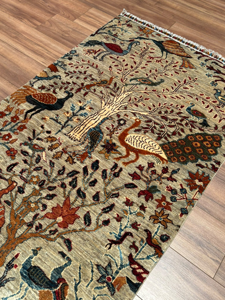 Kuş Orijinal El Dokuması Bej Kök Boya Yün Halı 0.98x147 1.44 Metrekare - 3x5 ft