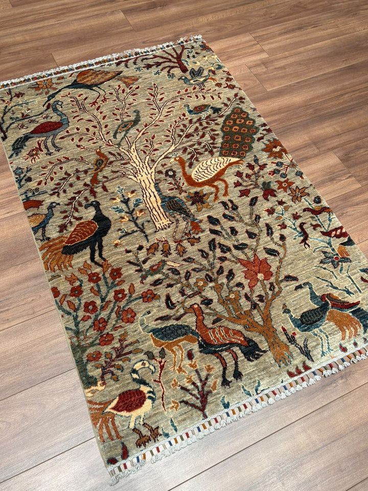 Kuş Orijinal El Dokuması Bej Kök Boya Yün Halı 0.98x147 1.44 Metrekare - 3x5 ft