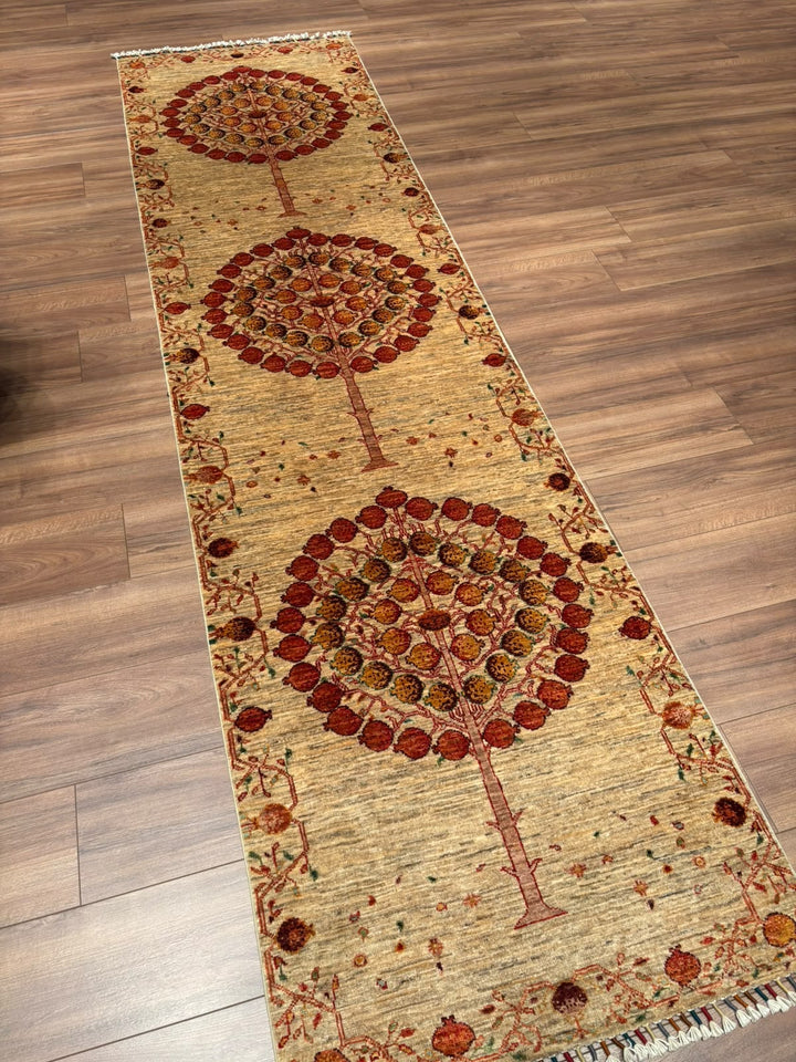 Nar Ağacı Yolluk Orijinal El Dokuması Bej Kök Boya Yün Halı 0.84x314 2.64 Metrekare - 3x10 ft
