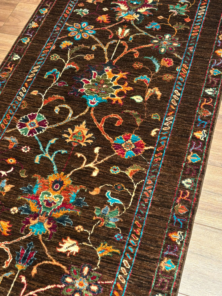 Sultani Binbirgece Yolluk Orijinal El Dokuması Kahverengi Kök Boya Yün Halı 0.80x298 2.38 Metrekare - 3x10 ft
