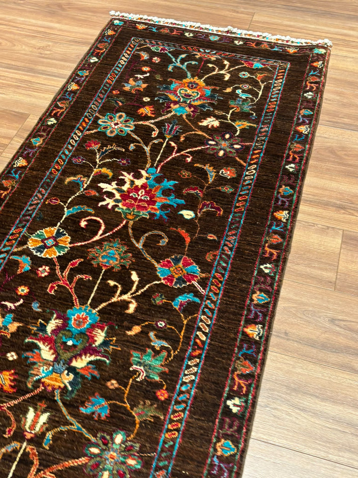 Sultani Binbirgece Yolluk Orijinal El Dokuması Kahverengi Kök Boya Yün Halı 0.80x298 2.38 Metrekare - 3x10 ft