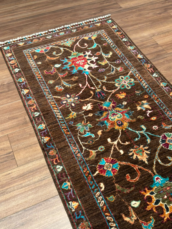Sultani Binbirgece Yolluk Orijinal El Dokuması Kahverengi Kök Boya Yün Halı 0.80x298 2.38 Metrekare - 3x10 ft