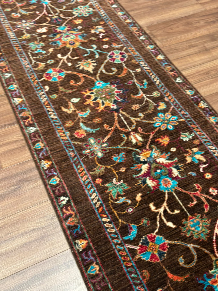 Sultani Binbirgece Yolluk Orijinal El Dokuması Kahverengi Kök Boya Yün Halı 0.80x298 2.38 Metrekare - 3x10 ft