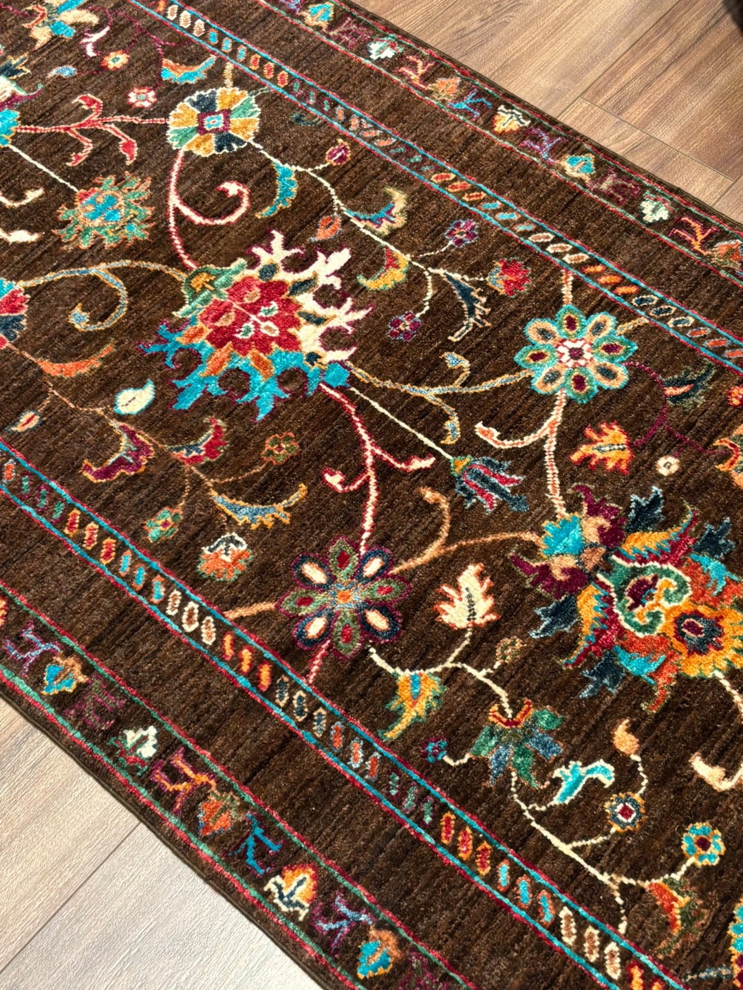 Sultani Binbirgece Yolluk Orijinal El Dokuması Kahverengi Kök Boya Yün Halı 0.80x298 2.38 Metrekare - 3x10 ft