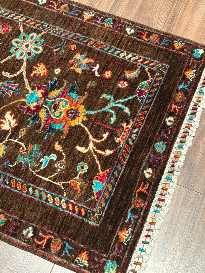 Sultani Binbirgece Yolluk Orijinal El Dokuması Kahverengi Kök Boya Yün Halı 0.80x298 2.38 Metrekare - 3x10 ft