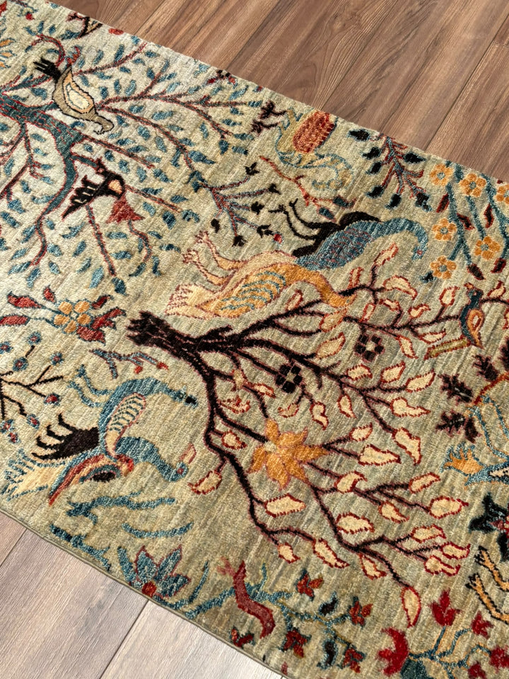 Kuş Orijinal El Dokuması Yolluk Yeşil Kök Boya Yün Halı 0.82x294 2.41 Metrekare - 3x10 ft