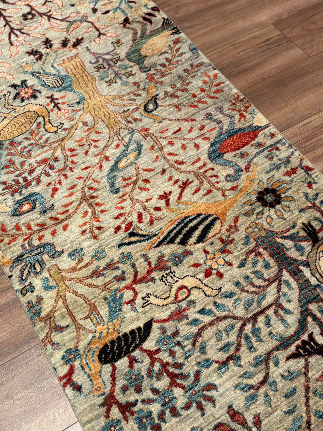 Kuş Orijinal El Dokuması Yolluk Yeşil Kök Boya Yün Halı 0.82x294 2.41 Metrekare - 3x10 ft