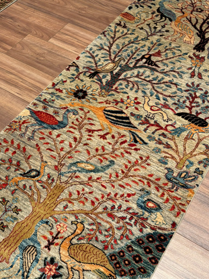 Kuş Orijinal El Dokuması Yolluk Yeşil Kök Boya Yün Halı 0.82x294 2.41 Metrekare - 3x10 ft