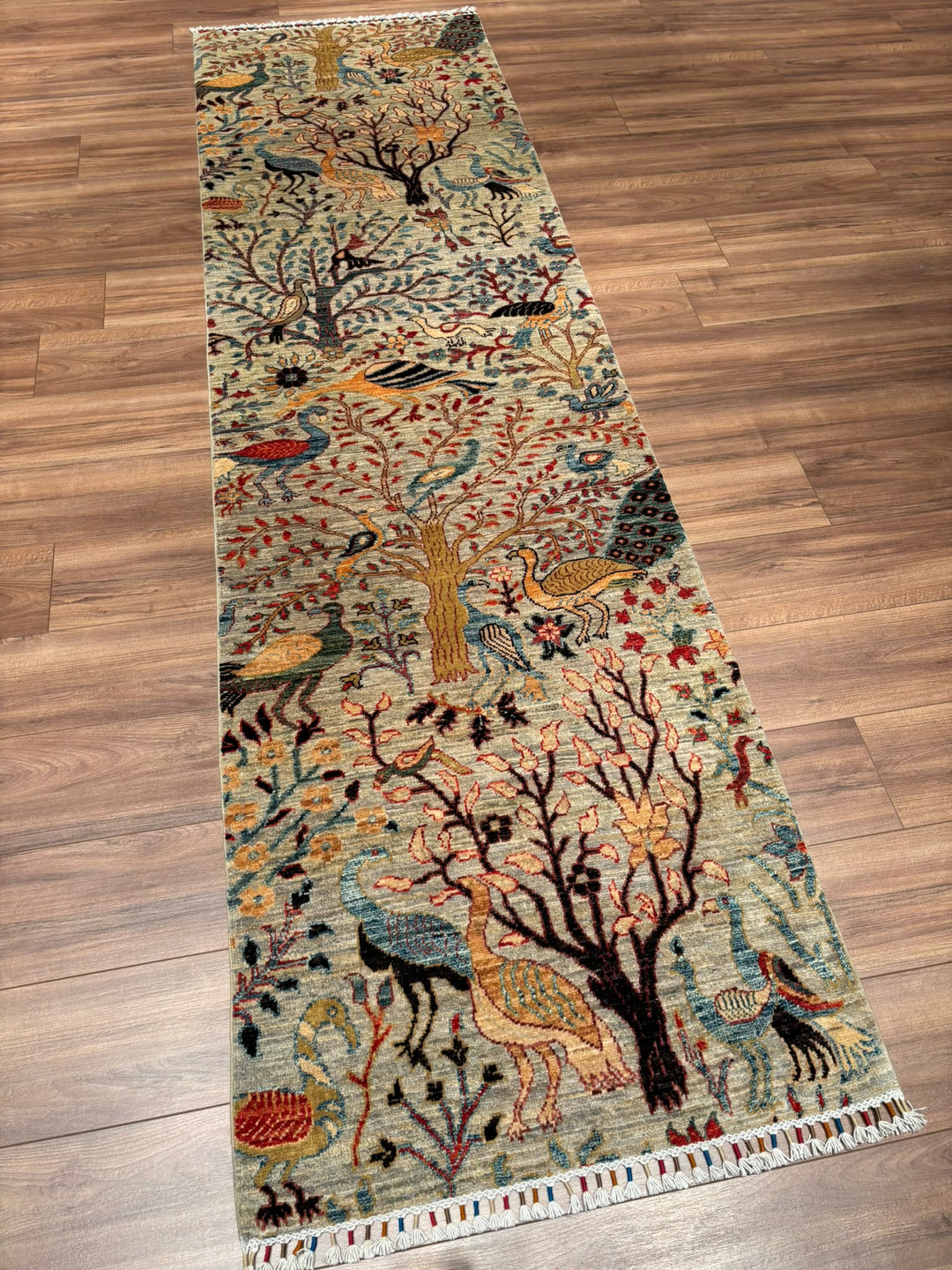Kuş Orijinal El Dokuması Yolluk Yeşil Kök Boya Yün Halı 0.82x294 2.41 Metrekare - 3x10 ft