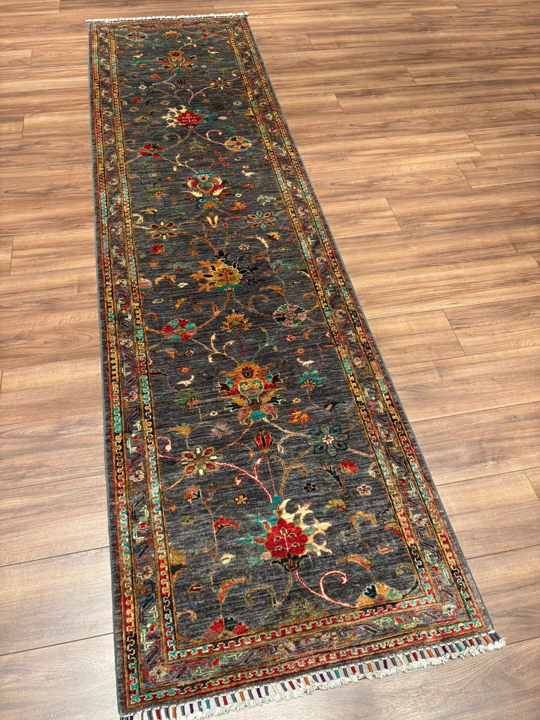 Sultani Binbirgece Yolluk Orijinal El Dokuması Gri Kök Boya Yün Halı 0.83x308 2.56 Metrekare - 3x10 ft