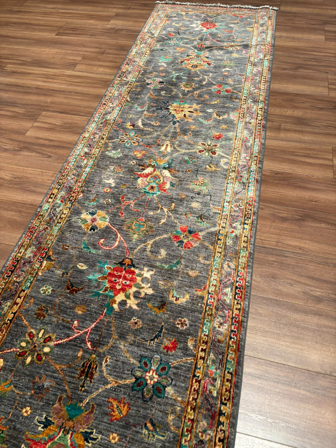 Sultani Binbirgece Yolluk Orijinal El Dokuması Gri Kök Boya Yün Halı 0.83x308 2.56 Metrekare - 3x10 ft