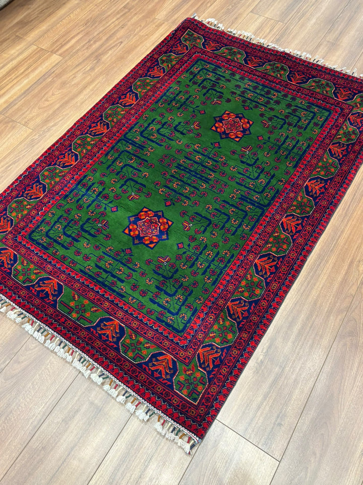 Afgan Halısı Yeşil Hamyap Orijinal El Dokuması Kök Boya Yün 105x153 1.61 Metrekare - 3x5 ft