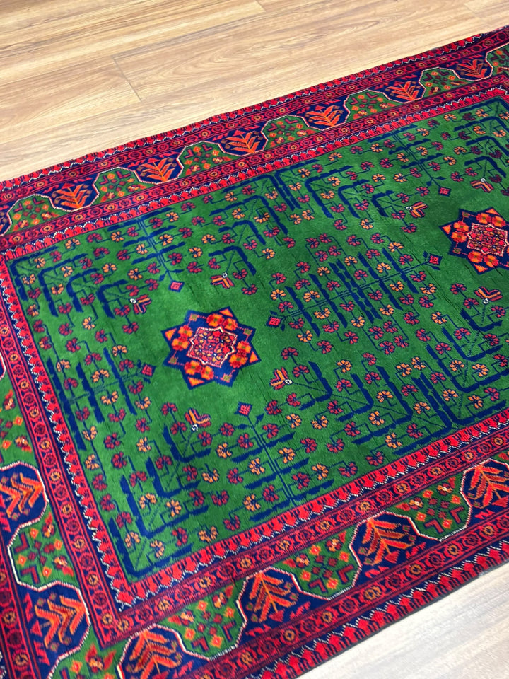 Afgan Halısı Yeşil Hamyap Orijinal El Dokuması Kök Boya Yün 105x153 1.61 Metrekare - 3x5 ft