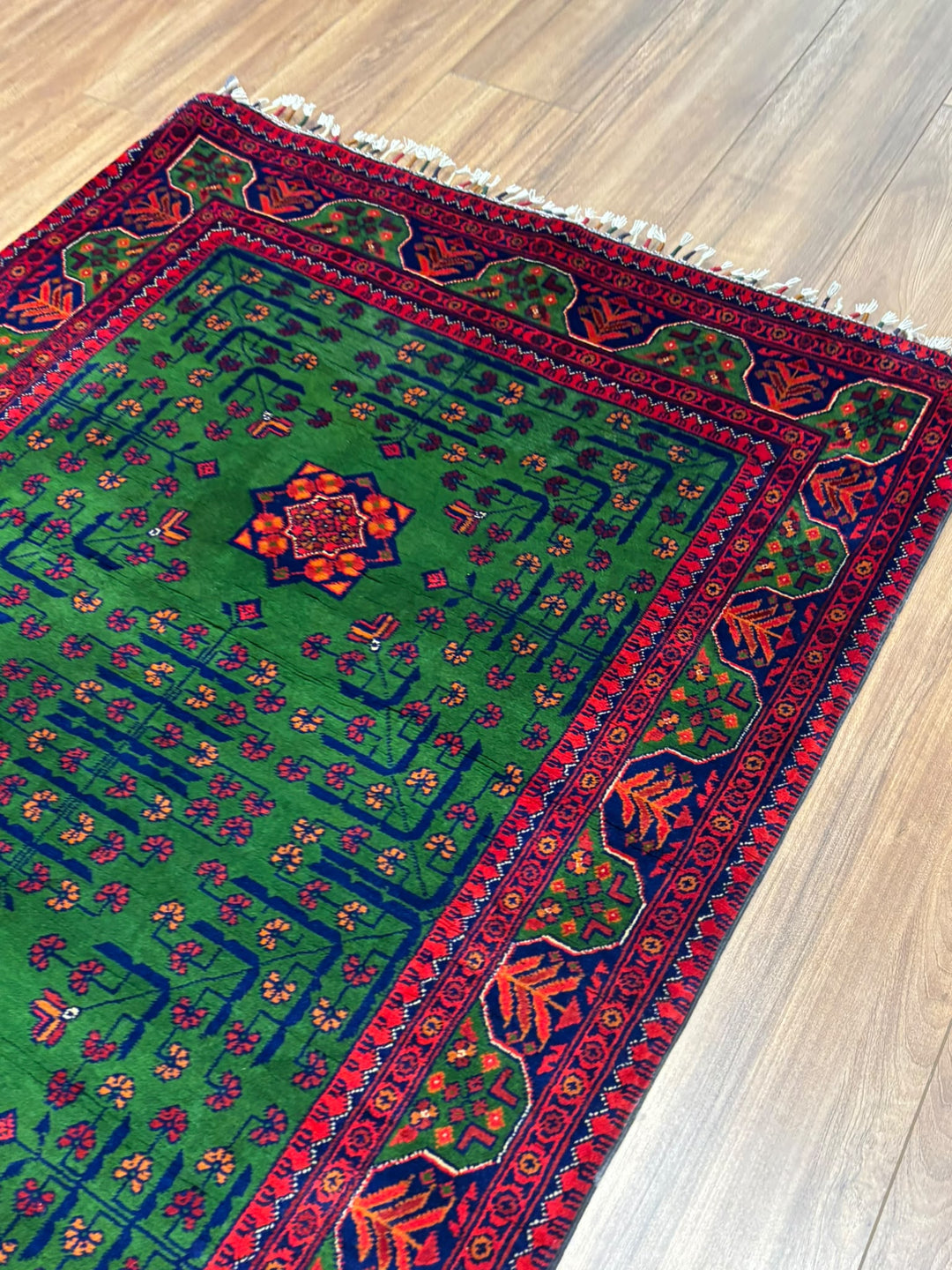 Afgan Halısı Yeşil Hamyap Orijinal El Dokuması Kök Boya Yün 105x153 1.61 Metrekare - 3x5 ft