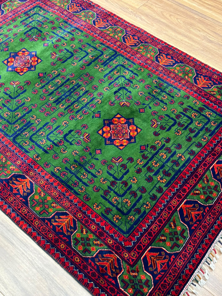 Afgan Halısı Yeşil Hamyap Orijinal El Dokuması Kök Boya Yün 105x153 1.61 Metrekare - 3x5 ft