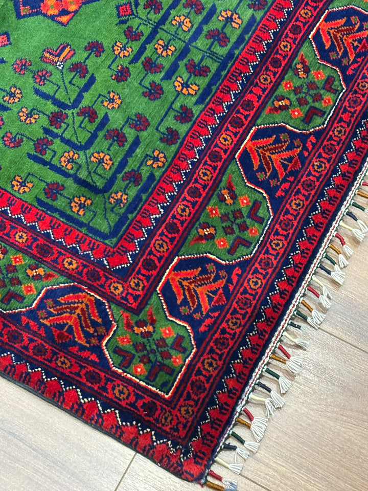 Afgan Halısı Yeşil Hamyap Orijinal El Dokuması Kök Boya Yün 105x153 1.61 Metrekare - 3x5 ft
