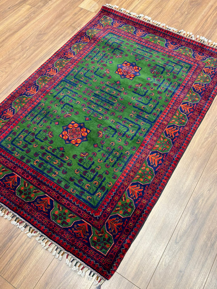 Afgan Halısı Yeşil Hamyap Orijinal El Dokuması Kök Boya Yün 105x153 1.61 Metrekare - 3x5 ft