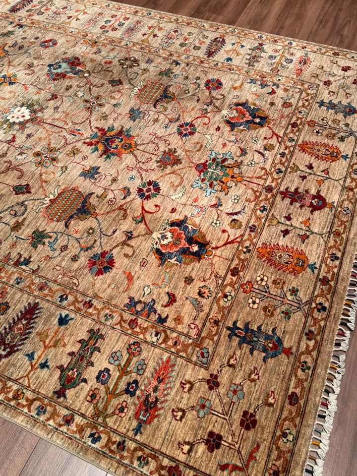 Sultani Binbirgece Orijinal El Dokuması Bej Kök Boya Yün Halı 204x302 6.16 Metrekare - 7x10 ft