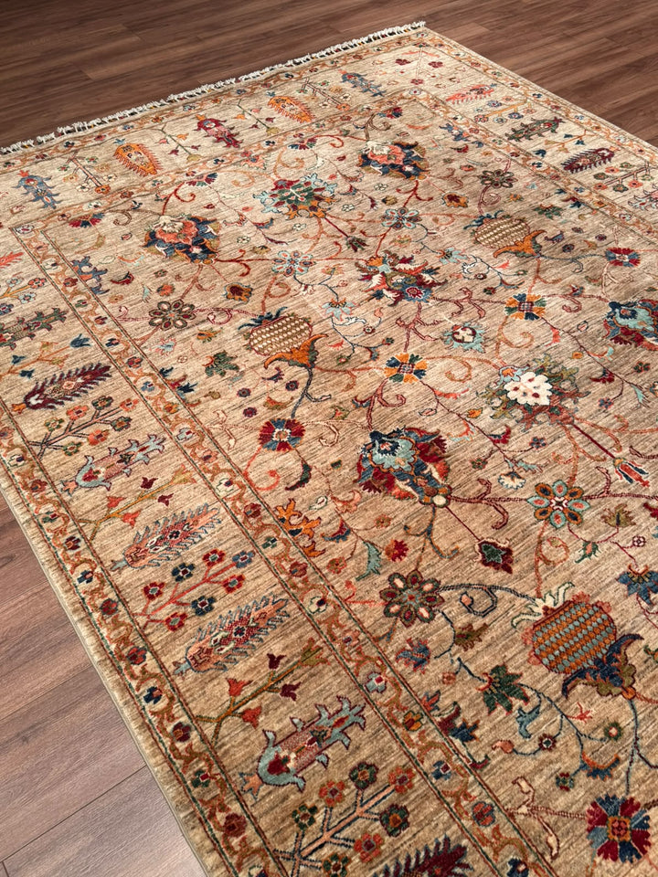 Sultani Binbirgece Orijinal El Dokuması Bej Kök Boya Yün Halı 204x302 6.16 Metrekare - 7x10 ft