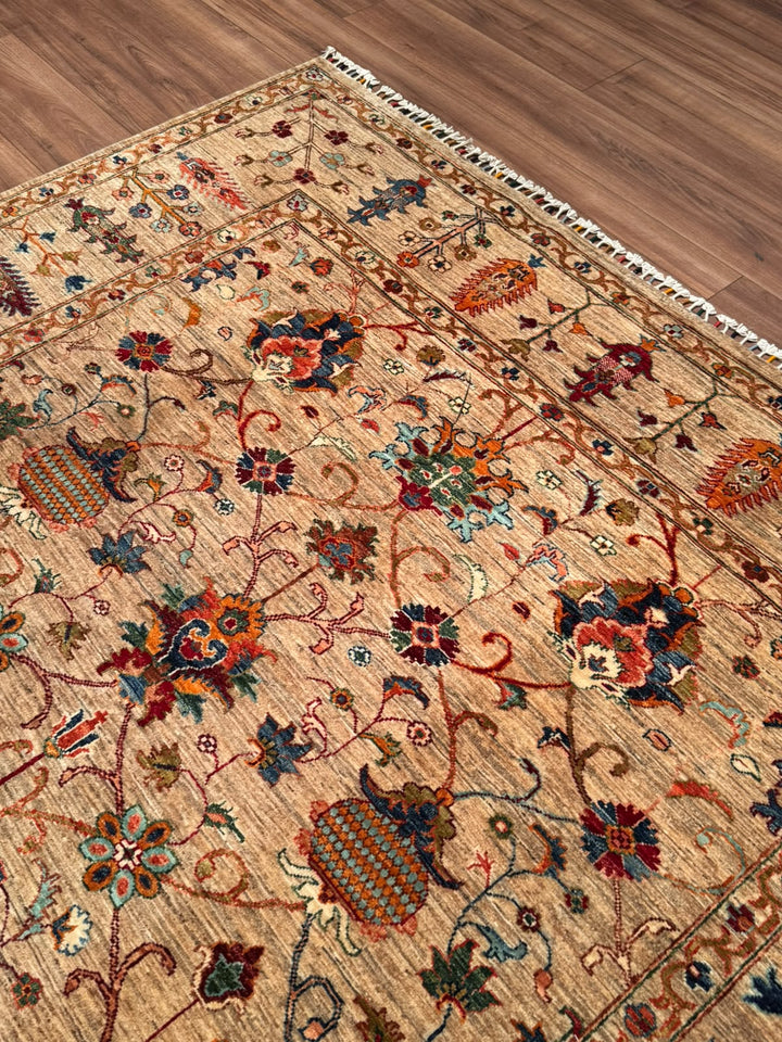 Sultani Binbirgece Orijinal El Dokuması Bej Kök Boya Yün Halı 204x302 6.16 Metrekare - 7x10 ft