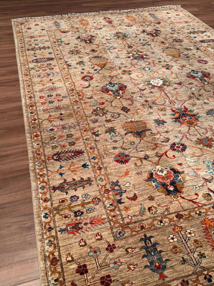 Sultani Binbirgece Orijinal El Dokuması Bej Kök Boya Yün Halı 204x302 6.16 Metrekare - 7x10 ft